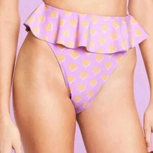 Stoney Clover Lane Hearts Print High Waisted Ruffle Bikini Swim Bottoms S